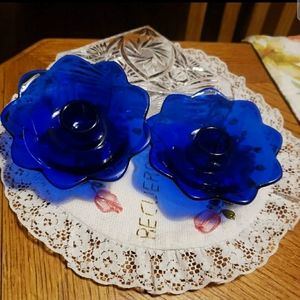 Vintage Set Of 2 COBALT BLUE Glass Candlesticks Holders